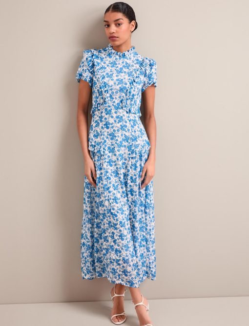 Mirabel Gold Metallic Fil Coupé Maxi Dress - White Blue Paisley Print - Image 9