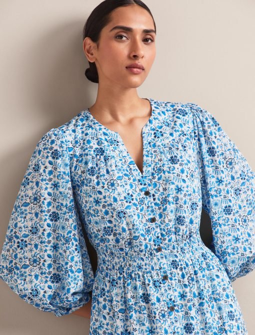 Aspen Cotton Blend Maxi Dress - White Blue Ditsy Carnation Print - Image 12
